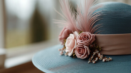 Elegant Adornment: A beautifully adorned hat with a delicate arrangement of roses and feathers, showcasing a touch of refined elegance.