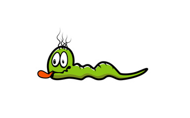 Cartoon green worm lying on the ground with a surprised expression and steam coming from its head