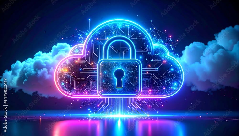 Poster a vibrant cloud with a digital lock symbolizes cybersecurity and data protection in a tech-focused e