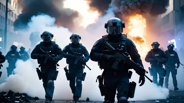 Dramatic Action of Tactical Officers in Dark Uniforms Advancing Through Smoke and Flames in Law Enforcement Urban Conflict