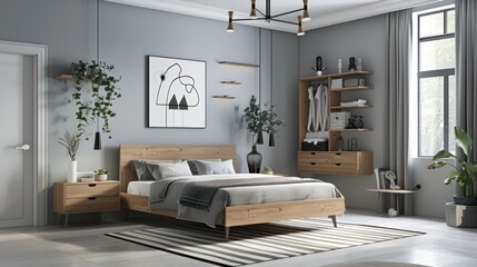 Modern bedroom with wooden furniture, a striped rug, and potted plants