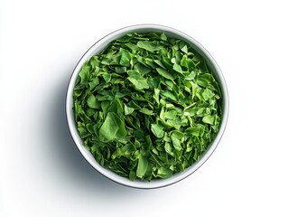 Bowl of Moringa Green leaves for healthy food on white background.