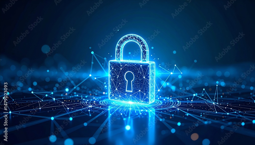 Poster a glowing digital lock symbolizes cybersecurity and data protection in a futuristic network environm
