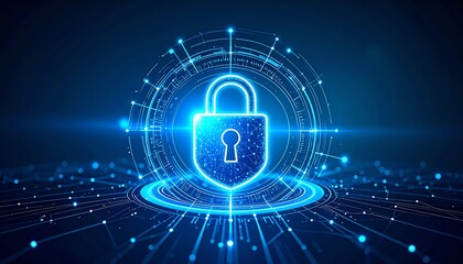 A glowing digital lock symbolizing cybersecurity and data protection in a futuristic setting with interconnected lines and particles