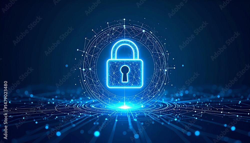 Poster a glowing digital lock symbol surrounded by interconnected lines and nodes, representing cybersecuri