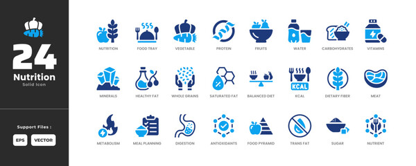 Nutrition Icon Set Collection - Glyph Solid Style. Containing Antioxidants, Balanced Diet, Carbohydrates, Dietary Fiber, Digestion, Food Pyramid, Food, Fruits, Healthy Fats, KCAL,Meal Planning.