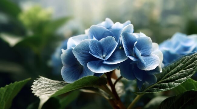 Beautiful Blue Hydrangea Flowers in a Bright Garden Setting