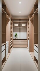 A minimalist walk-in closet with wooden shelving units and hanging rails, featuring a natural wood and white color scheme. Includes storage boxes and a small indoor plant, 
