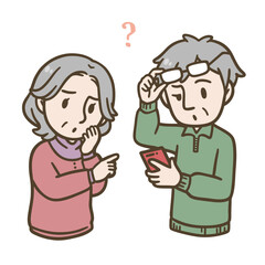 スマートフォンに戸惑う高齢者の男女のイラスト