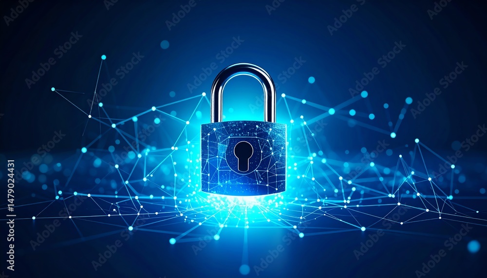 Poster a digital padlock surrounded by glowing network connections, symbolizing cybersecurity and data prot