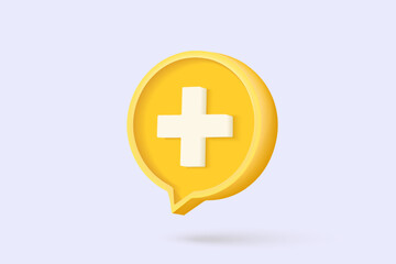 3d yellow plus sign icon on the white background. Cartoon icon of first aid and health care with minimal style. Medical symbol of emergency help. 3d aid vector render illustration