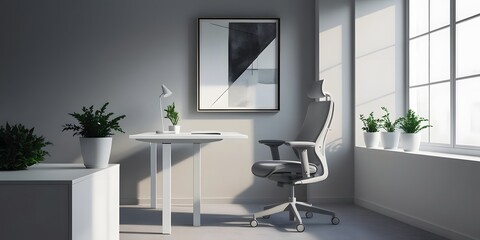 A modern home office featuring a floating desk and ergonomic chair, using a cool gray and white palette. Includes framed abstract wall art and desk plants, under diffused daylight from a side wind (1)