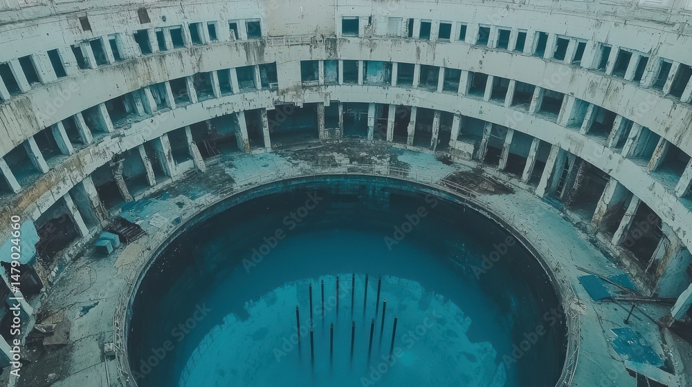 Poster abandoned circular structure with a deep, still pool.