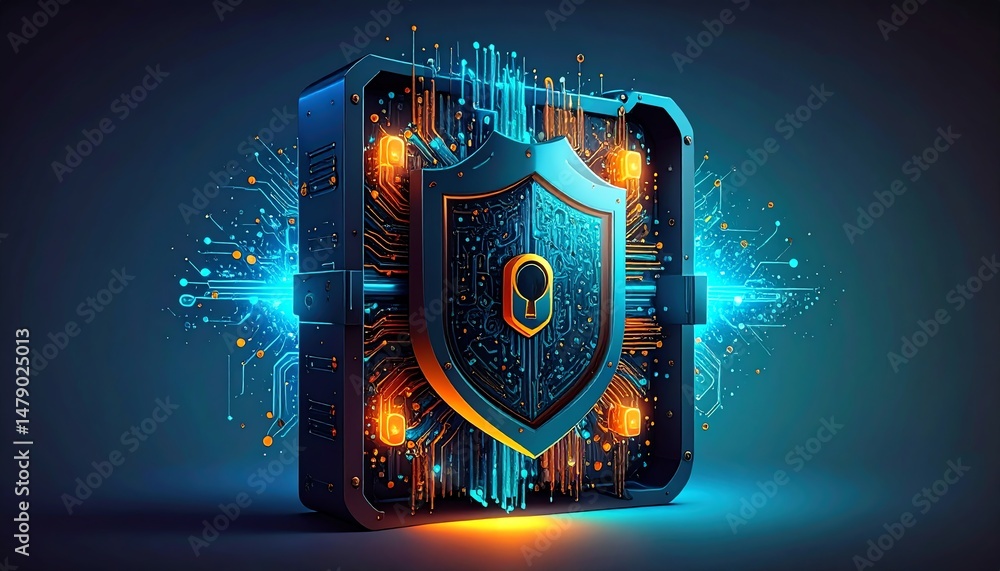 Poster a futuristic shield design with circuit patterns, glowing elements, and a keyhole symbolizes cyberse