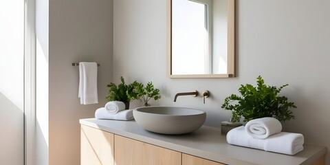 A neutral-toned bathroom vanity setup featuring a stone sink and wall-mounted mirror, with natural wood cabinet fronts. Accented with small plants and soft towels, lit by natural skylight. 
