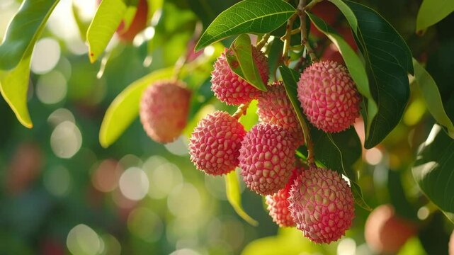Lush organic lychee fruits hanging from vibrant green tropical tree.