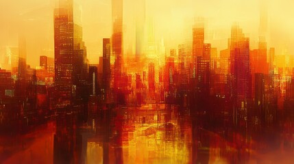 Fototapeta premium Stylized cityscape at sunset, reflected in water, warm tones.