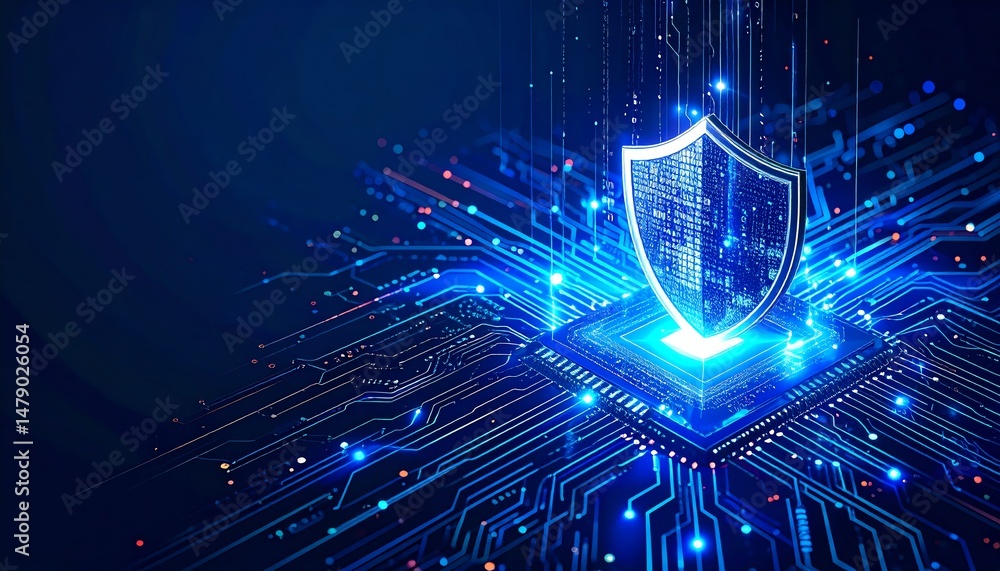 Poster a digital shield symbolizing cybersecurity, surrounded by glowing circuit patterns, representing tec