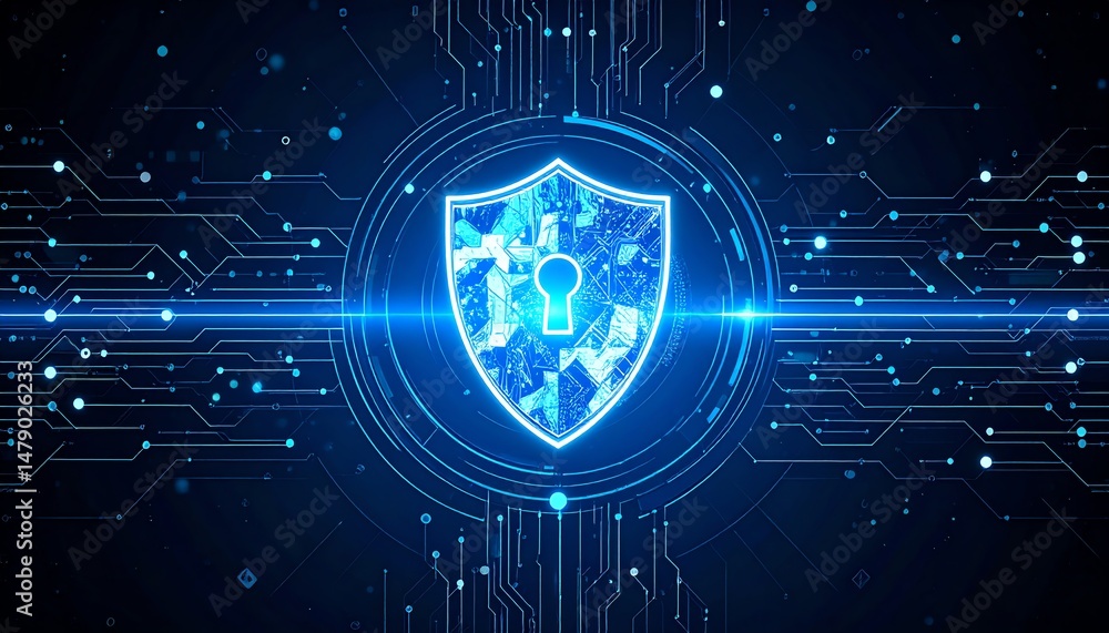 Poster a digital shield icon representing cybersecurity, surrounded by circuit patterns and glowing element