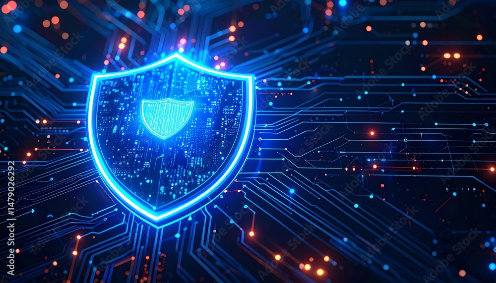 Poster a futuristic digital shield representing cybersecurity, surrounded by glowing circuit lines and data