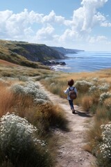 Obraz premium A child embarks on a coastal path journey, backpack in tow, through golden grasses and blooming wildflowers. Adventure awaits!