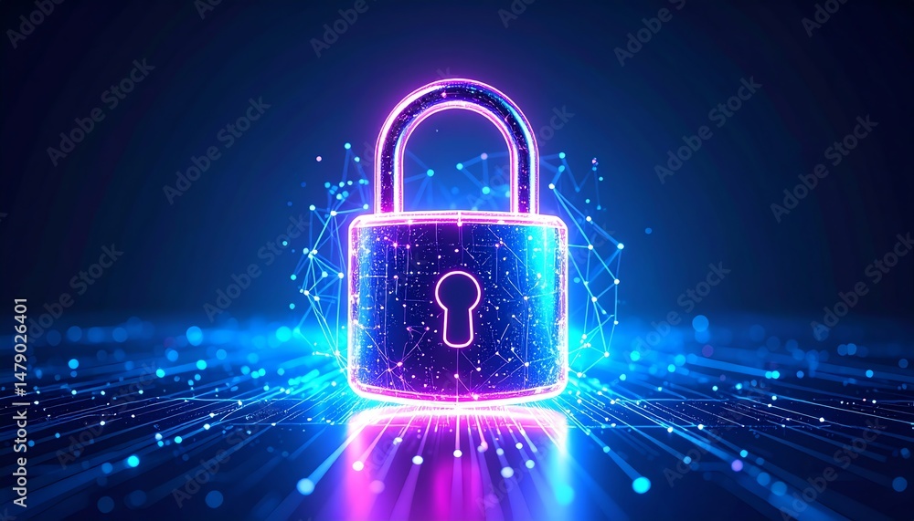 Poster a glowing digital padlock symbolizing cybersecurity and data protection in a futuristic setting
