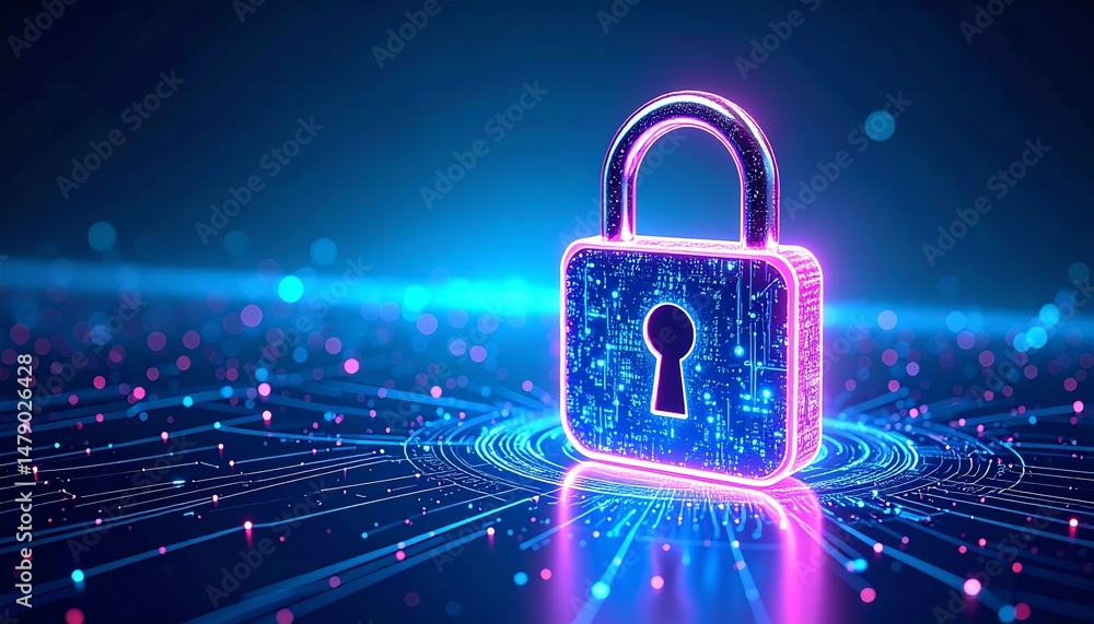 Poster a glowing digital padlock symbolizes cybersecurity and data protection in a high-tech environment