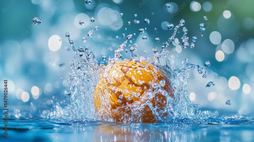 Poster Orange splashing into water, creating a vibrant, dynamic scene with water droplets.