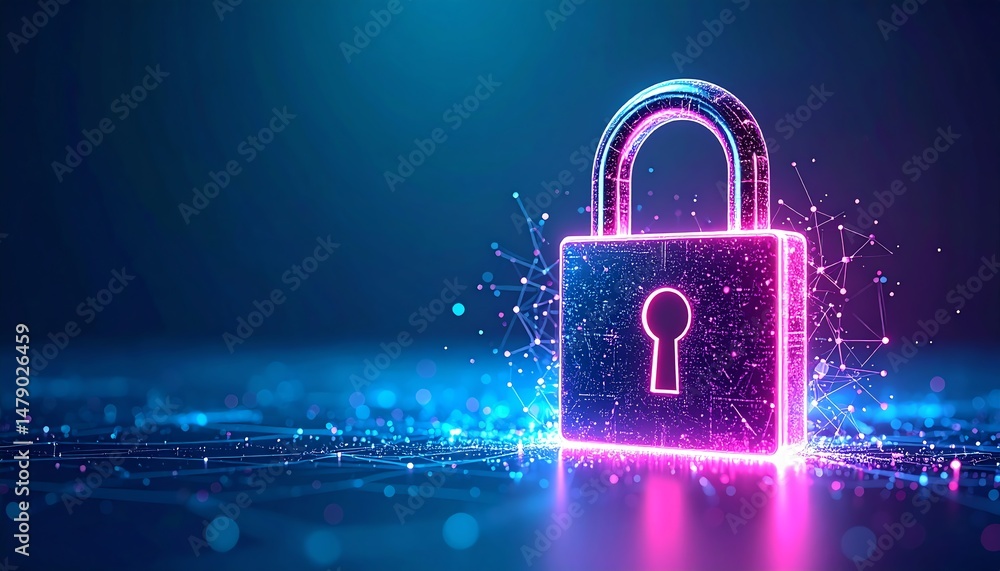 Poster a glowing digital padlock surrounded by abstract connections, symbolizing cybersecurity and data pro