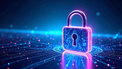 A glowing digital padlock symbolizes cybersecurity and data protection in a high-tech environment