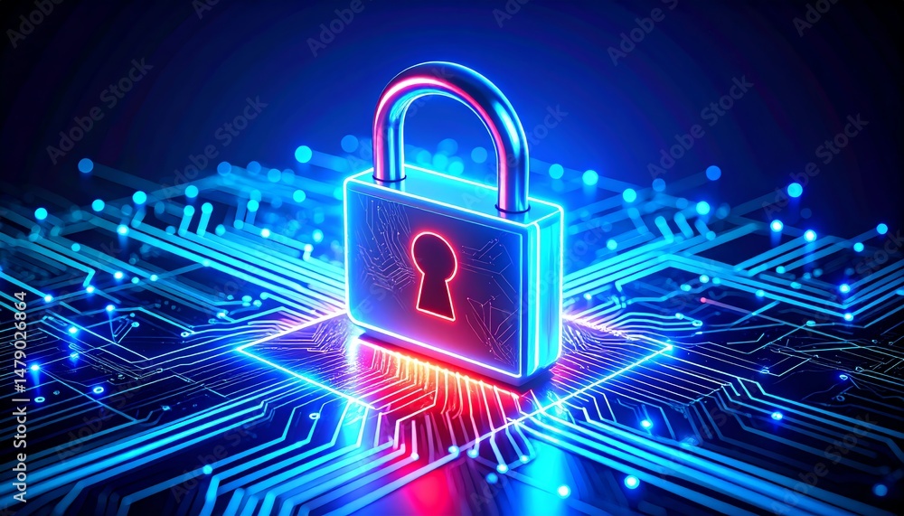 Poster a glowing padlock sits at the center of a digital circuit board, symbolizing cybersecurity and prote
