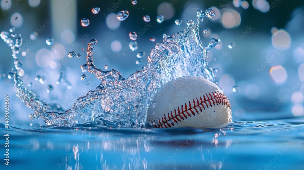 Poster baseball splashing into water, creating a dynamic water splash.