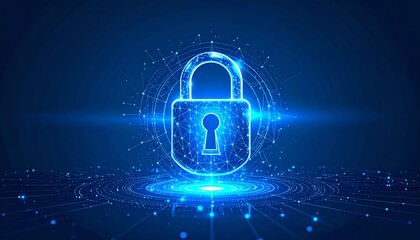A glowing digital padlock icon symbolizes cybersecurity and data protection in a high-tech environment