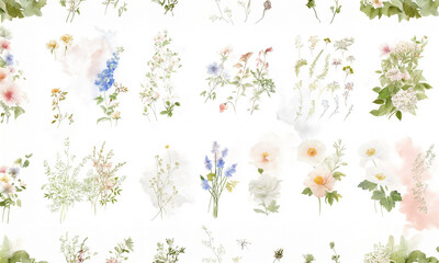 A collection of delicate watercolor illustrations featuring various wildflowers and plants, set against a white background. The assortment includes soft pink peonies, blue lavender, white 