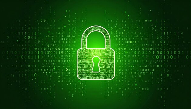A green digital padlock icon symbolizes cybersecurity and data protection amidst a backdrop of binary code