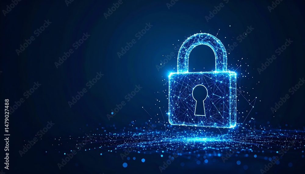 Poster a digital lock symbol glowing with blue light, representing cybersecurity and data protection in a h