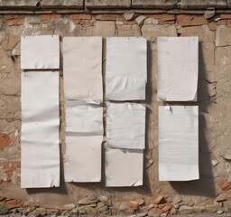 Multiple glued paper posters on a weathered wall  Realistic outdoor setting, various sizes , glued, template