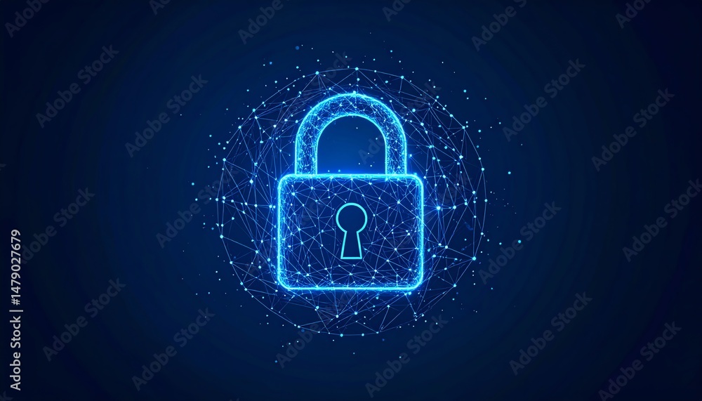 Poster a glowing blue padlock surrounded by a network of interconnected lines, symbolizing digital security