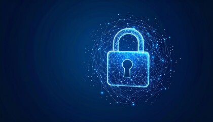 A glowing digital padlock symbolizing cybersecurity, surrounded by interconnected lines and dots, representing network security and data protection