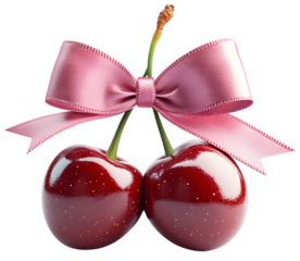 Coquette bow and cherry sticker: cherries tied with red satin bow ribbon isolated on transparent background. Valentine's day romantic clipart