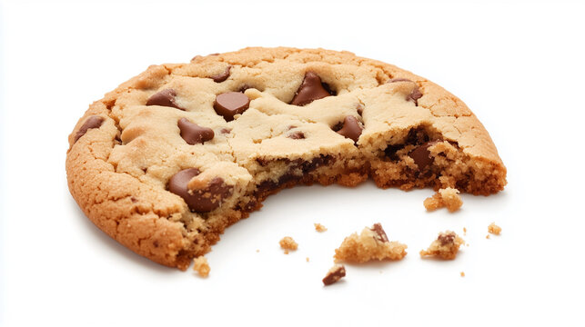 irresistible half-eaten chocolate chip cookie with a bite missing and crumbs on white background
