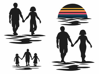 Beach Sunset Family Silhouettes Set Romantic Couple Ocean Walking Love Vacation Black Vector Collection Generative ai