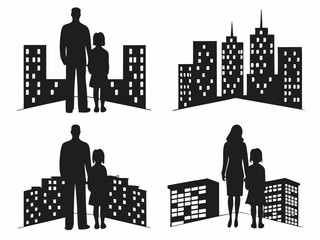 Parent Child Cityscape Silhouettes Set Urban Family City Buildings Skyline Black Vector Collection Generative ai
