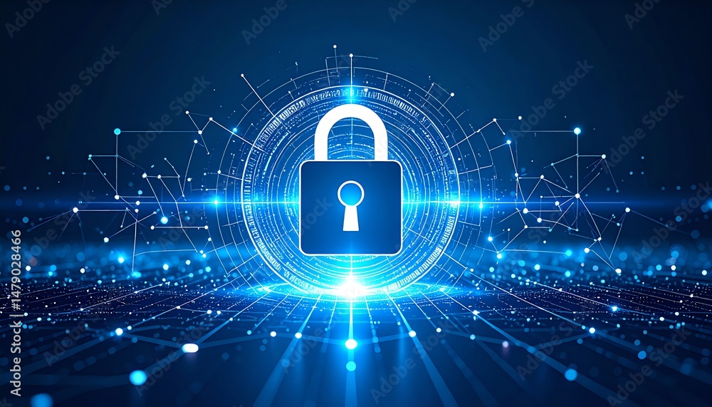 Poster a digital lock symbol set against a futuristic blue background, representing cybersecurity and data 
