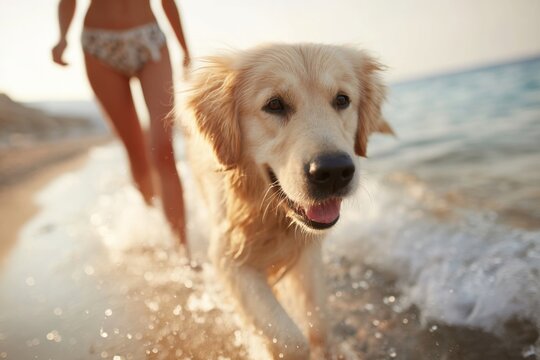 Joyful Golden Retriever Playing on Beach with Person at Sunset