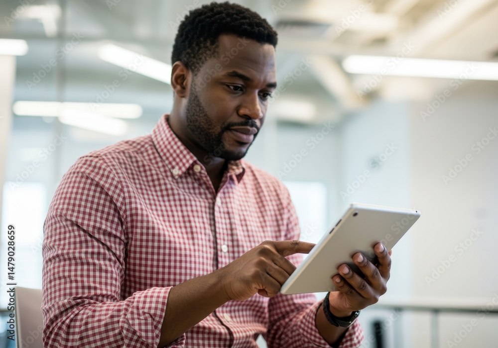 Aufkleber man is using a tablet while sitting in an office with natural light coming through the window