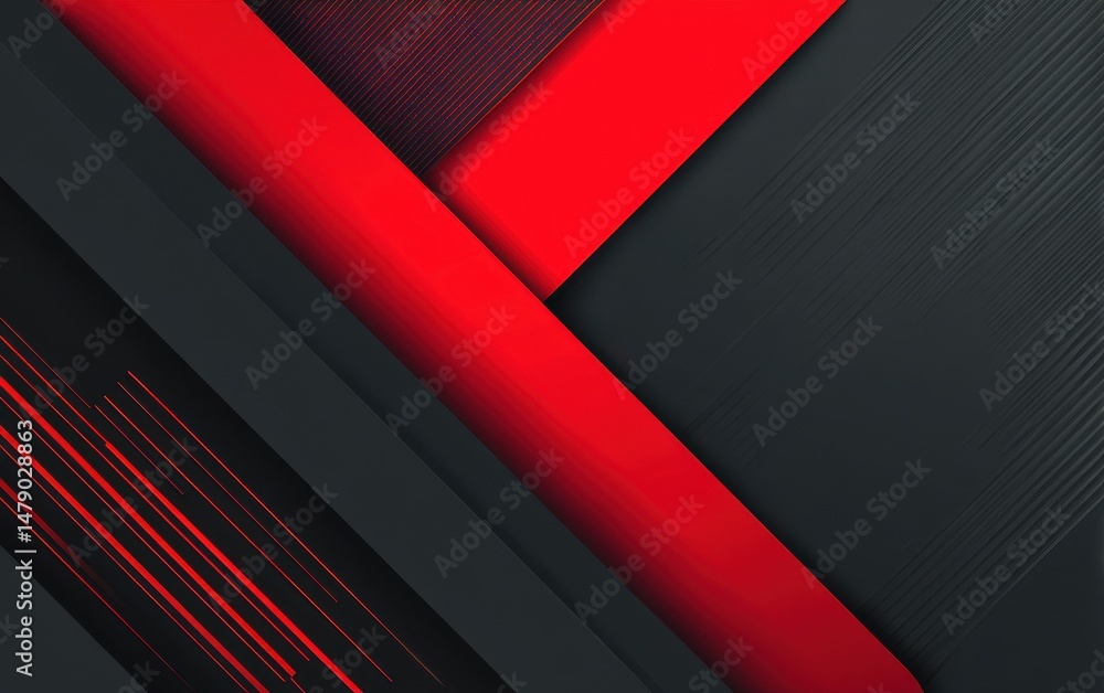 Poster abstract design with intersecting red and dark gray shapes.