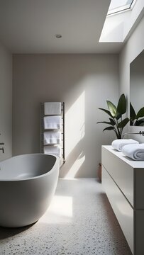 A soft minimalist bathroom featuring a stone freestanding bathtub and floating vanity, with neutral and white tones. Accented with rolled towels and a green potted plant, under soft skylight illum (1)