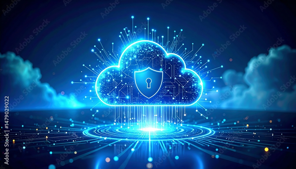 Poster a glowing cloud symbol with a lock, representing digital security and cloud computing, set against a