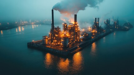 Illuminated industrial oil refinery at dusk with steam rising and reflections on the water's surface